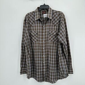 Vintage Plains Shirt Mens XLT Brown Blue Plaid Pearl Snap Western Cowboy Country